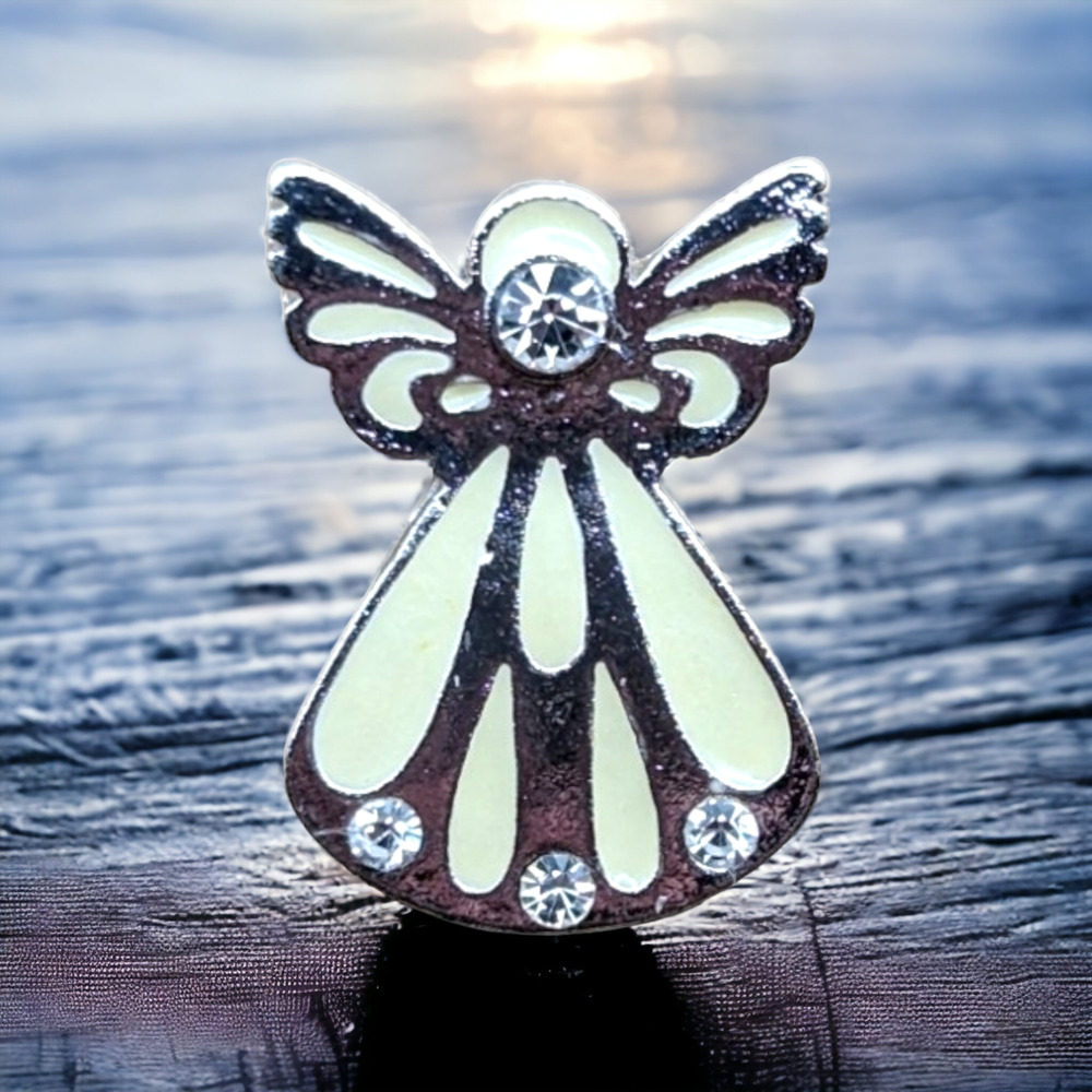 Silver Tone White Enamel Angel Silhouette Clear Rhinestones Signed Hat Lapel Pin - Picture 1 of 4